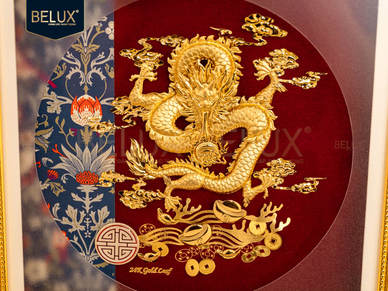 Tranh Rồng chầu ngọc dát vàng 24k 30x30cm